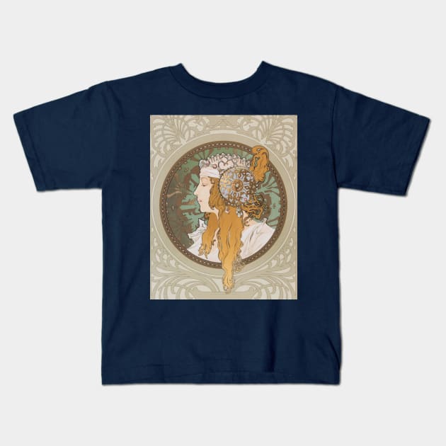 Alphonse Mucha Kids T-Shirt by immortalpeaches